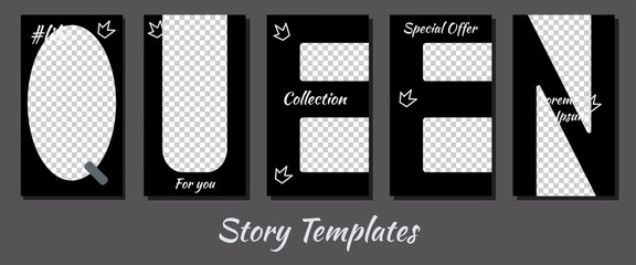 A set of minimalist stories for social networks. Frame for your photos. Seth to create your unique content. Templates for stories. Pattern in the shape of letters.