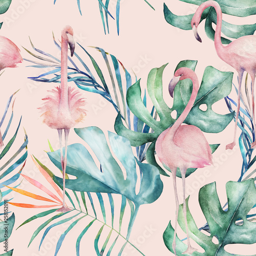 Tropical seamless pattern with flamingo and leaves. Watercolor summer print. ...