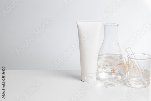 Download Close Up Science Medical Chemical And Treatment Cream Lotion Aromatic Beauty Cosmetic Skincare With Test Tube And Mockup Product On Table White Background Stock Photo Adobe Stock