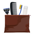 Set of travel men's cosmetic accessories. Hairbrush, razor, brush. Vector illustration.