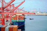Cargo operation on the container ship in the port of Long Beach, California.