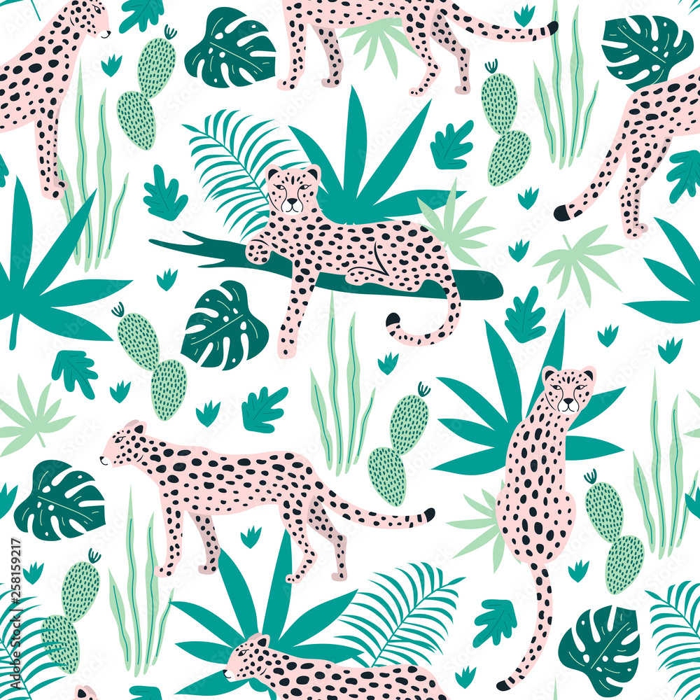 Papel de parede Seamless pattern with leopards and tropical leaves. Vector