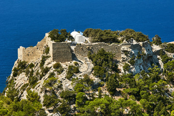 Poster - Hill with the ruins of the medieval castle of the Order of the Knights .on the island of Rhodes.