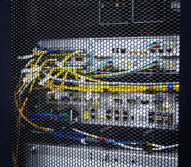 Wall Mural - Looking through honeycomb pattern doors inside modern big data server rack in data center with network servers hardware and storage blades flashing lights