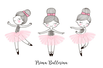 Wall Mural - Set of cute little dancing cartoon Ballerina doll characters in pink transparent ballet skirts. Simple linear vector graphic illustration isolated on white . Perfect for girlish design, t-shirt