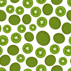  Vector Flat Fruit Pattern of Random Green Kiwi. Seamless of Seasonal Organic Food in Yellow Gradation. Colorful Seamless Usable for Package, Wrapping, Backdrop, Scrapbooking and etc