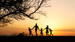 © alex_marina - Silhouettes of happy family walking together in the meadow during sunset