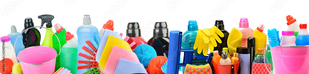 Collection of household chemicals for cleaning isolated on white background. Collage.Wide photo. - obrazy, fototapety, plakaty 