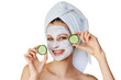 © Olesia - Beautiful young woman with facial mask on her face holding slices of cucumber. Skin care and treatment, spa, natural beauty and cosmetology concept, isolated over white background