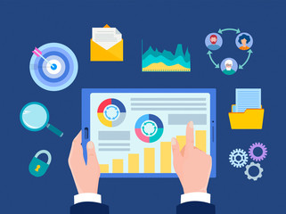 Wall Mural - vector illustration of the concept of using the gadget application for marketing research, consultin