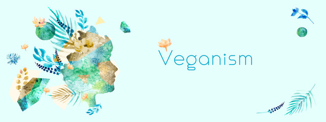 Veganism illustration with image of woman face in trendy watercolor style. Banner with leaves, branches, flowers — Introspection. Vegan concept with hand-drawn elements. Green planet.