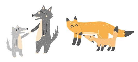 Super cute mothers and babies - wolves and foxes. Forest animals. Vector elements