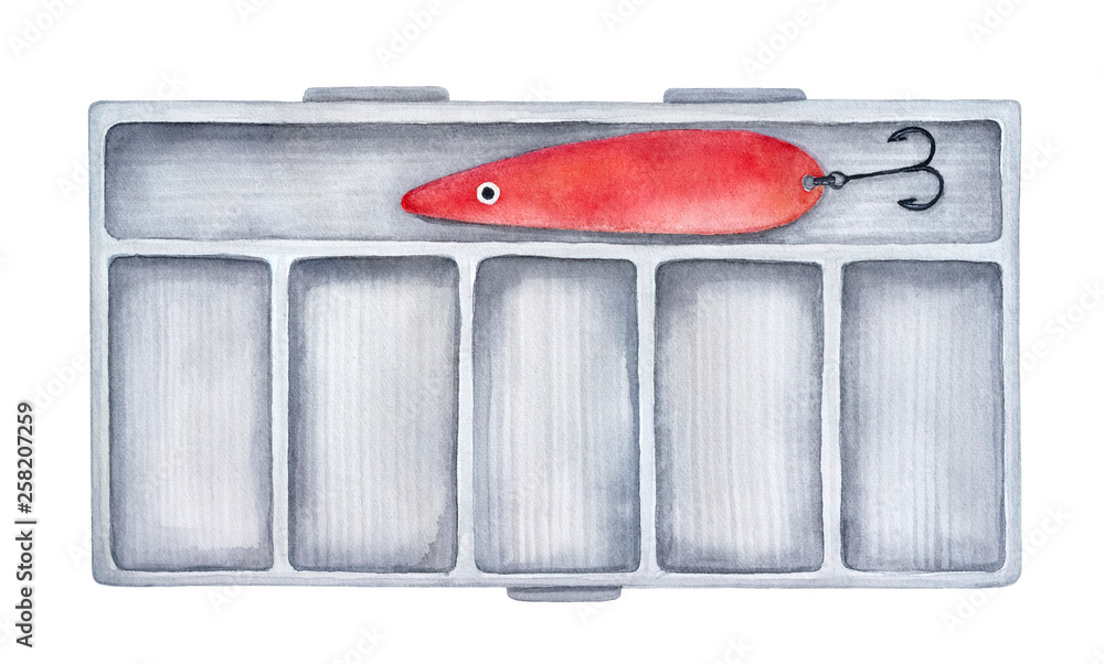 clp art tackle box Hard fishing tackle box for fishing equipment and supplies. With dividers  and artificial bait inside. Handdrawn watercolour sketchy graphic painting  on white backdrop, cutout clip art design element. Stock Illustration