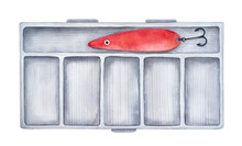 Hard Fishing Tackle Box For Fishing Equipment And Supplies. With Dividers And Artificial Bait Inside. Handdrawn Watercolour Sketchy Graphic Painting On White Backdrop, Cutout Clip Art Design Element.
