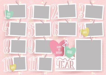 Wall Mural - Template for photo collage.Baby girl first yaer. Garland from photos. Frames for clipping masks are in the vector file. Template for a photo album