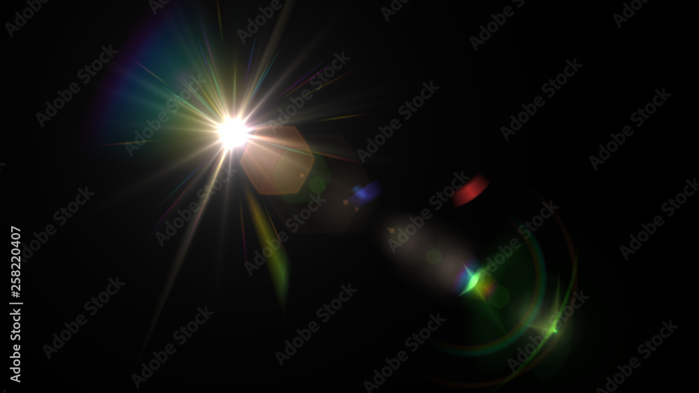 Lens flare glow light effect on black background. Easy to add overlay or screen filter over photos - obrazy, fototapety, plakaty 