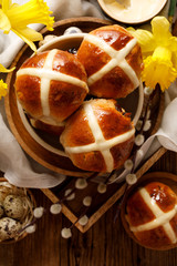 Poster - Hot cross buns, freshly baked hot cross buns in a ceramic bowl on a wooden rustic table . Traditional easter food