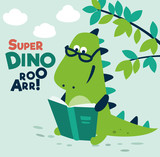 Fototapeta Dinusie - Cute dinosaur reads a book under the tree. Funny tyrannosaur relaxing in park
