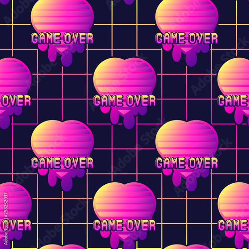 Neon Retrowave Style Seamless Pattern With Heart Symbol With Text Game Over Futuristic Digital Vector Wallpaper Vaporwave Cyberpunk Aesthetics Buy This Stock Vector And Explore Similar Vectors At Adobe Stock