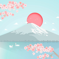 paper art of japan landmark travel banner with fuji mountain and cherry blossom flower background vector