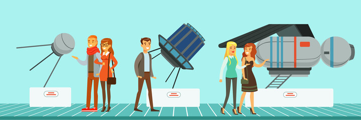 Sticker - People at science exhibition, museum visitors looking at space satellites vector Illustration in flat style