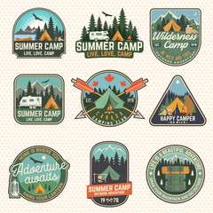 Wall Mural - Set of Summer camp patches. Vector. Concept for shirt, stamp, apparel or tee. Vintage design with lantern, pocket knife, campin tent, axe, mountain, campfire and forest silhouette.