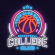 Basketball college club neon design or emblem. Vector. Concept for shirt, print, stamp or tee. Vintage typography design with basketball ball silhouette. Night neon signboard