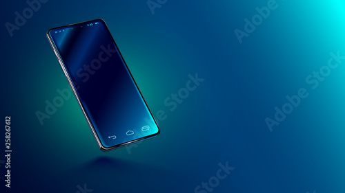 Fotomural Modern glass smartphone hanging over the table with a smooth dark blue surface in perspective view with reflection
