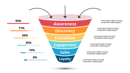 Vector sales funnel with arrows for marketing and startup business. Infographic template. Can be used for presentation slide. 6 steps, parts, options.