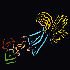 Wall Mural - Boy, bird and angel or fairy, pattern on a black background