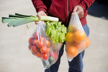 Person holding bag with healthy nutritious salad vegetables groceries on shopping market background, closeup top side view image.