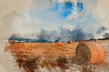 Wall Mural - Watercolour painting of Beautiful golden hour hay bales sunset landscape