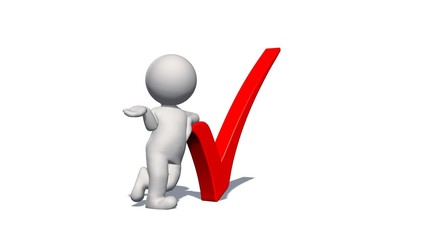   Check sign - white 3D man with red check mark - isolated on white background
