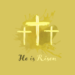 Poster - Christian worship and praise. Crosses in watercolor style. Text : He is Risen