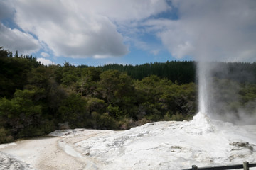 A Geyser in Amazing View of  the mountains of New Zealand 