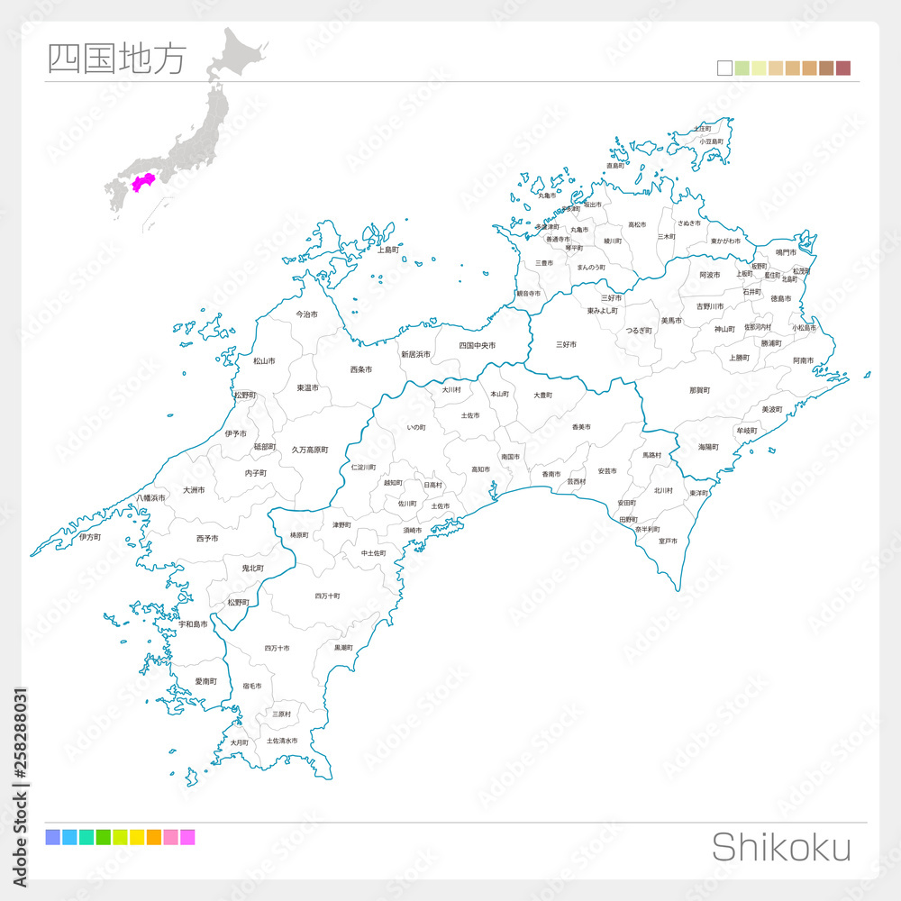 四国地方の地図・Shikoku（白地図風） - obrazy, fototapety, plakaty 