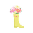 © greenpicstudio - Beautiful colorful flowers composition bouquet in yellow rainboot over white