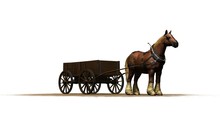 Farm Horse With Wagon On A Sand Area - Isolated On A White Background