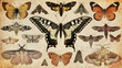 Butterflies and moths. Old paper textured background