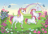 Set of  beautiful white unicorns. Fairytale background with castle, rainbow. Fabulous flower meadow with horse, pony. Wallpaper for girl. Wonderland. Cartoon illustration for children's print. Vector.