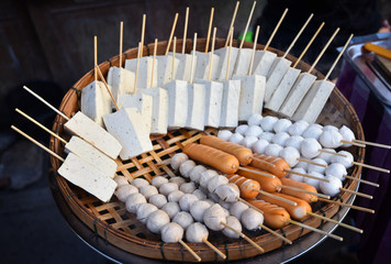 Food steamed sausage meat ball white pork sausage on steamer