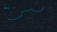 Futuristic Route Dashboard GPS Tracking Map, Navigate Mapping Technology And Locate Position Pin On The Streets Of The City Berlin