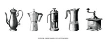 Vintage Coffee Maker Collection Hand Draw Black And White Clip Art Isolated On White Background