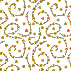 Sticker - seamless pattern with gold chains, pendants and straps.