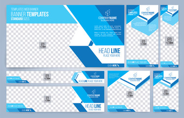 blue and white web banners templates, standard sizes with space for photo, modern design