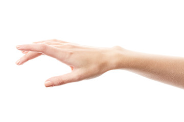 Female hand isolated on white background. White woman's hand showing symbols and gestures. Palm