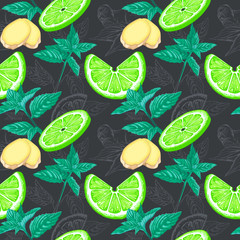 Lime, mint and ginger seamless pattern. Ink sketch lemons, ginger, mint. Citrus fruit background. Elements for menu, greeting cards, wrapping paper, cosmetics packaging, posters etc