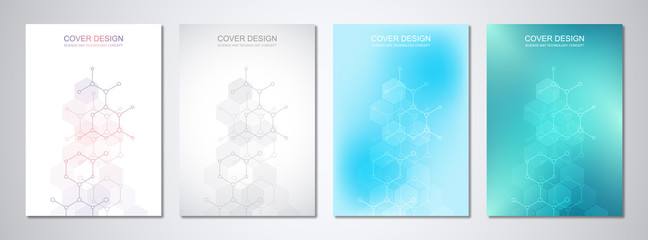 Vector templates for cover or brochure, with molecular structures and chemical engineering. Science and technology concept.