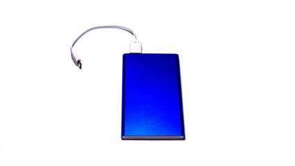 Blue power bank isolated on white background.