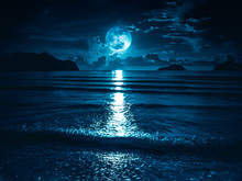 Super Moon. Colorful Sky With Bright Full Moon Over Seascape.
